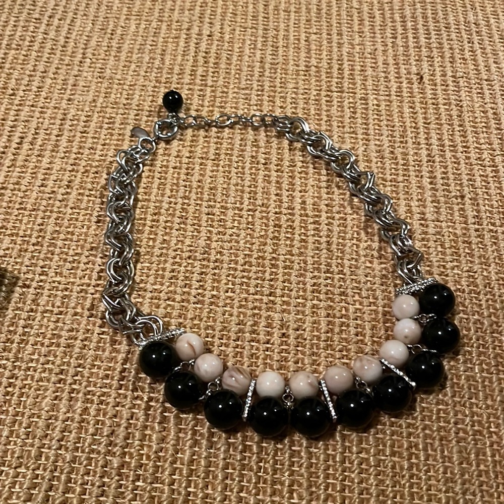 Ann Taylor Black / Ivory beaded necklace w/ rhinestone accents, large loop chain